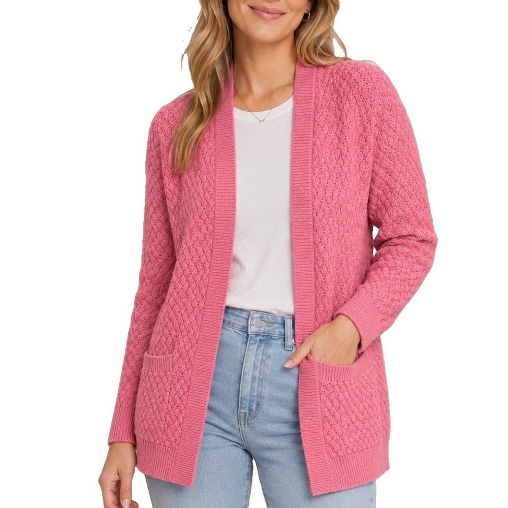 LL Bean Pink Basketweave Open Front Cotton Cardigan Sweater Pockets LARGE